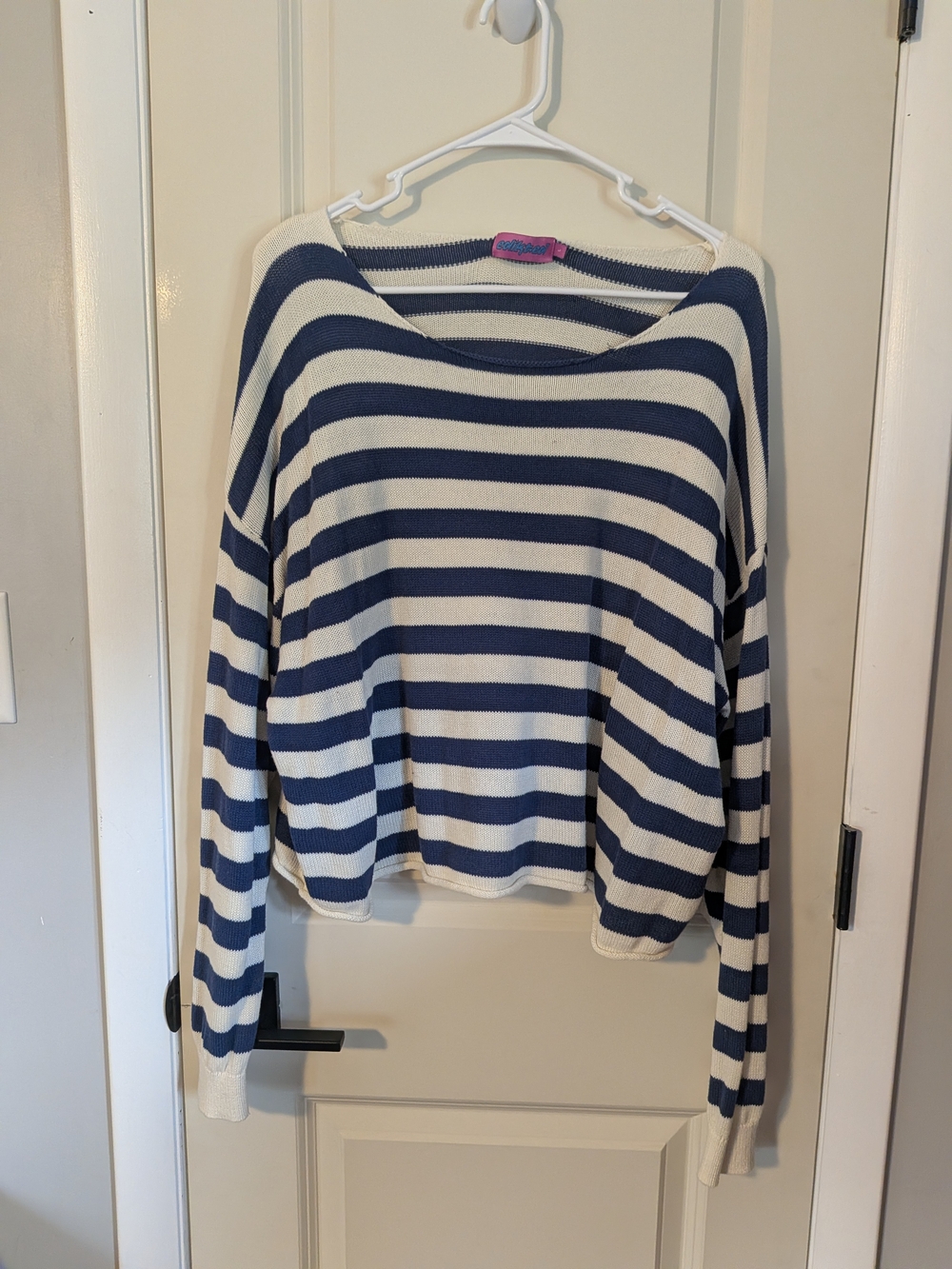 Edikted Navy and White Off-the-Shoulder Striped Sweater
